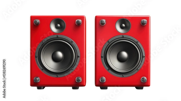 Fototapeta A pair of red studio monitor speakers with black woofers on a black background in a studio setup
