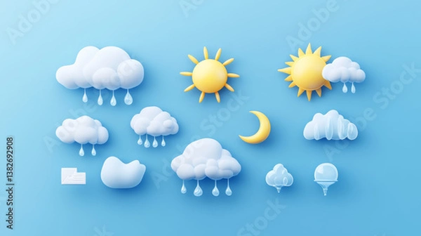 Fototapeta Rainy weather icons with sun, moon, clouds and water drops. Meteorology forecast symbols of rain, shower or downpour at day and night, 3d render set isolated on white background. 3D Illustration