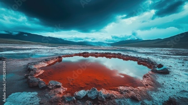 Obraz A vibrant red geothermal pool surrounded by rocks in a volcanic landscape, with a dramatic teal sky overhead, symbolizing the raw power and beauty of Earth's hot springs