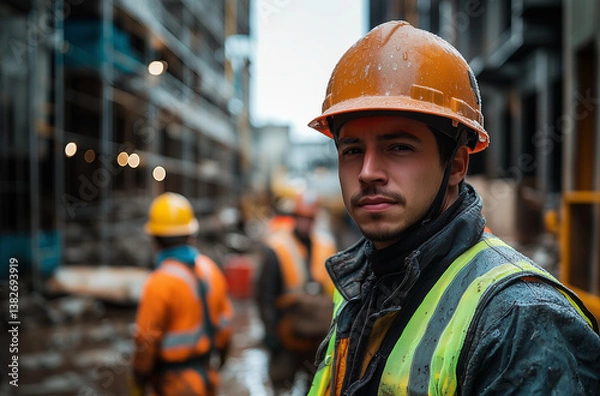 Fototapeta Close-up of a construction worker wearing a hard hat and reflective vest, standing in a busy worksite with colleagues in the background. A powerful industrial scene of teamwork and commitment