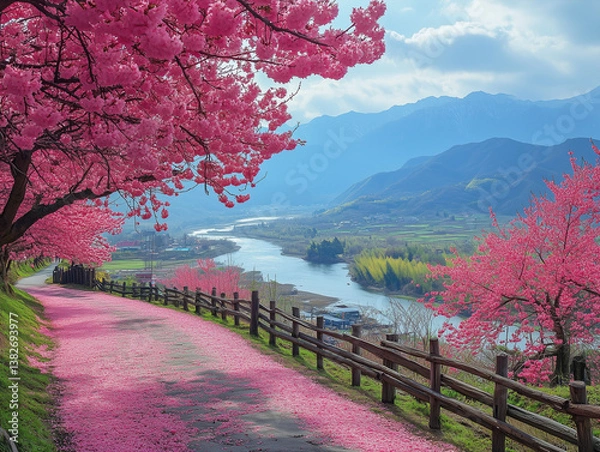 Fototapeta Breathtaking view of the mountains and river. The road is strewn with sakura petals. Cherry trees in bloom