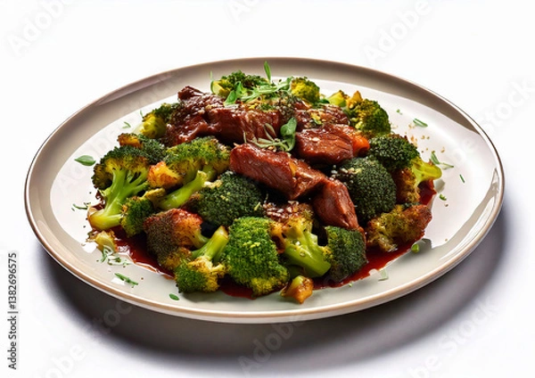 Fototapeta Broccoli with beef dish on a white background 