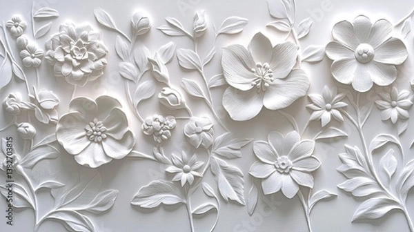 Fototapeta White paper embossed with flowers, creating a textured floral pattern for wallpaper.