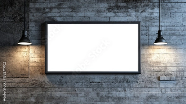 Fototapeta Blank billboard display on grey brick wall background with illumination in office hallway, exhibition or apartment. White LCD TV screen for advertising, empty picture frame realistic 3d vector mock up