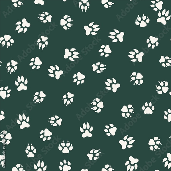 Fototapeta Seamless stylish and elegant vector pattern, where bright light footprints of powerful cats and dogs appear on a dark emerald background.