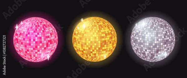 Fototapeta Set of colorful disco balls. Glowing glass spheres for retro party. Pink, gold and silver disco balls. Vector cartoon illustration