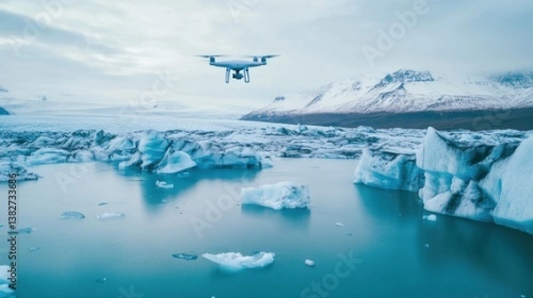 Fototapeta Drone Flying Over Glacial Lagoon with Icebergs and Snowy Mountains