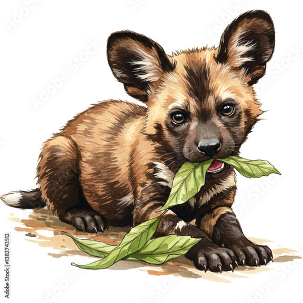 Fototapeta Painted dog puppy chewing on leaves lying down looking at the viewer
