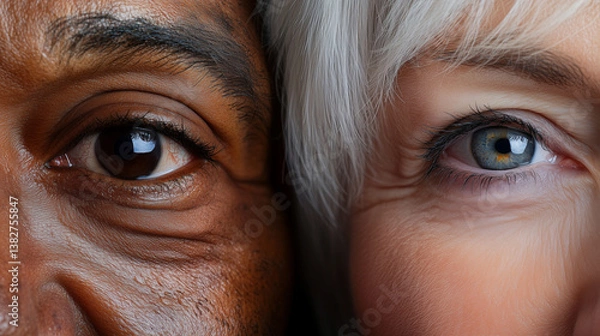Fototapeta Close up of two senior faces side by side showing diversity and aging with expressive eyes.