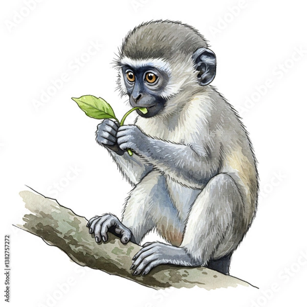 Fototapeta A gray monkey sits on a branch and eats a leaf in a cartoon illustration