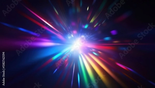 Fototapeta radiant burst of prismatic light rays in cosmic motion, abstract energy explosion with vibrant colors for sci-fi background