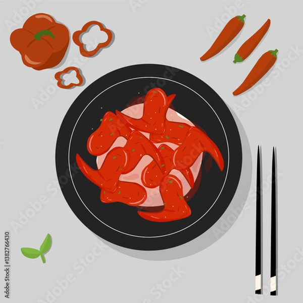 Fototapeta Crispy Korean fried chicken vector art illustration style isolated, chicken wings with rice 