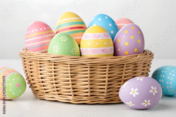 Obraz Wicker basket filled with decorated Easter eggs with white background