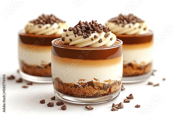 Fototapeta Three layered desserts in glasses featuring graham cracker crust creamy filling chocolate topping and a swirl of whipped cream with chocolate shavings.