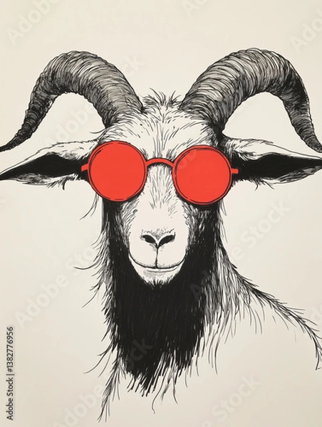 Fototapeta Horned Goat with Round Red Sunglasses - Black and White Ink Drawing with Color Accent