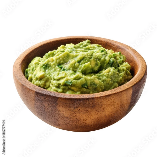 Fototapeta A wooden bowl filled with fresh guacamole on a transparent background ready to be served and enjoyed now