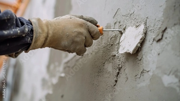 Obraz A construction worker fixing a broken wall at a building site. Featuring skill and attention to detail