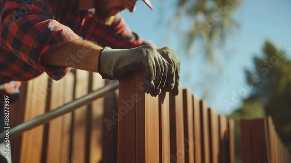 Obraz A construction worker fixing a fence at a job site. Featuring craftsmanship and precision