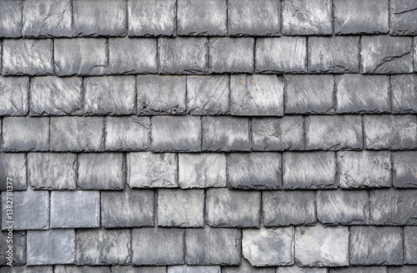 Fototapeta Gray slate roof tiles interlocking tightly, presenting weathered texture and architectural resilience, highlighting traditional roofing craftsmanship with protective surface pattern