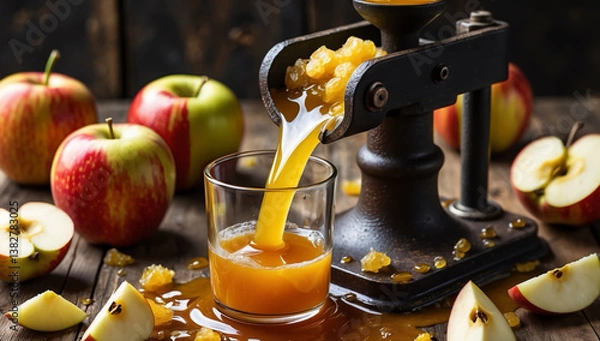 Obraz An apple press squeezing juice from crushed apples. Juice flows out into a glass container. Foam and bits of apple pulp swirl with rich amber color