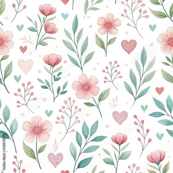 Fototapeta Watercolor Elegant Floral Seamless Pattern, beautiful hand-drawn floral pattern showcasing pink flowers, greenery, and hearts on a soft white background. Isolate on white background, commercial use
