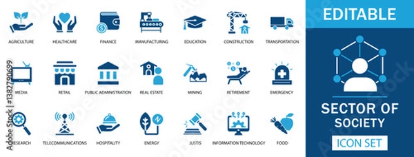 Obraz Sector of Society Icon Set  A versatile icon set representing key societal sectors, including healthcare, finance, education, agriculture, telecommunications, IT, energy, and more.