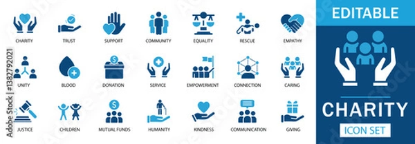 Fototapeta Charity Icon Set  Featuring donation, trust, community, equality, rescue, and kindness. Perfect for NGOs, fundraising, social initiatives, and awareness campaigns. Editable, professional, and versati