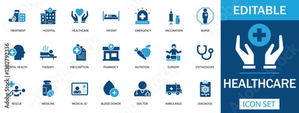 Obraz Healthcare Icon Set Includes hospital, doctor, ambulance, prescription, mental health, surgery, and more. Perfect for medical apps, websites, and infographics. Fully editable and professional.