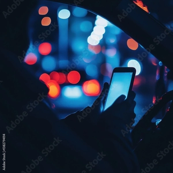 Fototapeta Closeup of hand holding smartphone with white mockup on screen,black mobile phone in hands with blank desktop screen while car driving,Mockup image,Copyspace for text.