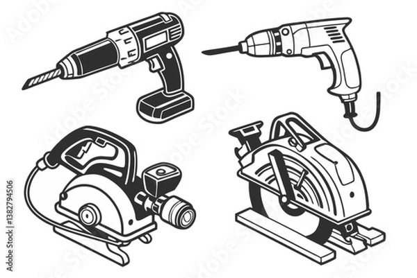 Fototapeta Electric power tools icon set featuring drill wrench saw and screwdriver for construction and repair