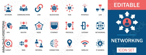 Obraz Networking Icon Set Featuring network, VPN, router, LAN, blockchain, protocol, wireless, IP address, and more. Perfect for websites, apps, IT infrastructure, and tech infographics. Professional. 