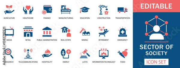 Obraz Sector of Society Icon Set  Featuring finance, healthcare, education, construction, agriculture, media, IT, energy, and more. Perfect for websites, apps, and infographics. Professional, versatile, and