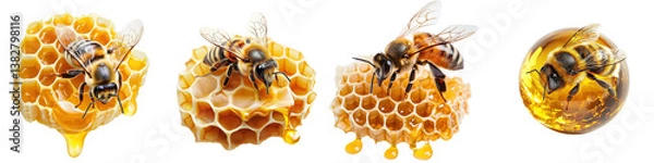 Obraz Bee and Honeycomb Clipart Concept for Spring Design. A series of honeycombs and bees, showcasing the intricate structure of honeycomb and the bees collecting honey