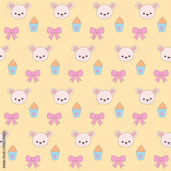 Fototapeta Baby Clothing Textile Seamless Swatch Background. Hand Drawn Doodle Funny Cute Infant Fabric Pattern. Cute Kawaii Whimsical Wrapping, Wallpaper Nursery Design. Vintage Elegant Retro Style. Nappy Cover