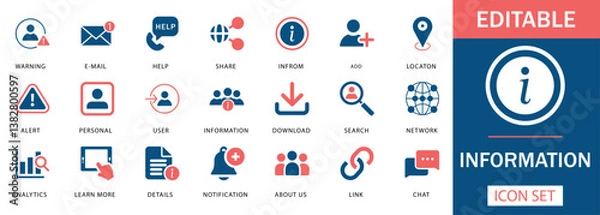 Fototapeta Information Icon Set Editable information icon set featuring warning, email, download, network, search, user, notification, and analytics icons in a clean vector style.