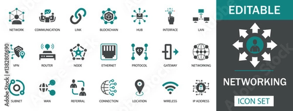 Fototapeta Networking Icon Set Modern networking icon set featuring symbols for network, communication, blockchain, LAN, VPN, router, protocol, gateway, node, Ethernet, wireless, and more.