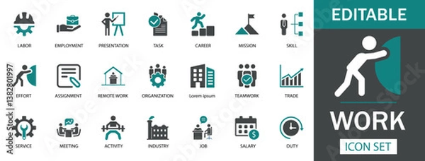Fototapeta Work Icon Set  A versatile icon set featuring labor, employment, remote work, skill, and more. Perfect for business, HR, and corporate tasks.