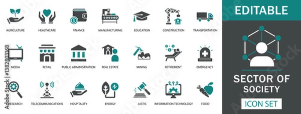 Fototapeta Sector of Society Icon Set  A versatile icon set representing key societal sectors, including healthcare, finance, education, construction, agriculture, telecommunications, IT, energy, and more.