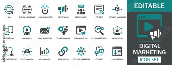 Fototapeta Digital Marketing Icon Set A modern digital marketing icon set featuring SEO, advertising, social media, influencer marketing, conversion, email marketing, keyword research, web analytics, and more.