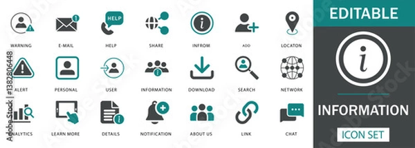Obraz Information Icon Set Featuring information, alert, email, search, network, analytics, notification, chat, download, and more. Perfect for websites, apps, UI UX, customer support, and data dashboards.
