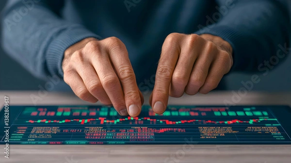 Fototapeta Hands Interacting with Digital Trading Chart and Financial Data Visualization