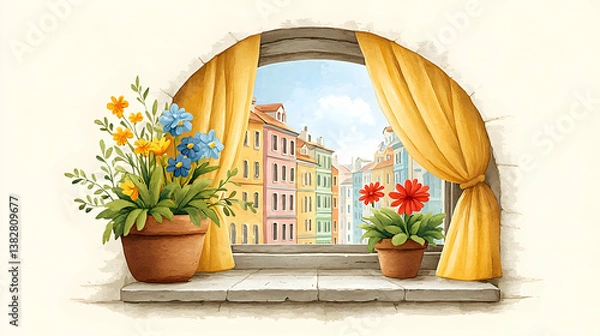Fototapeta Charming Window View with Flowers and Colorful Buildings Illustration