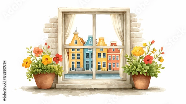 Fototapeta Charming View of Colorful Houses from a Window with Flower Pots