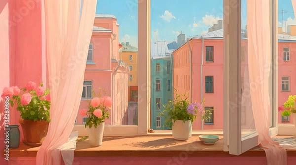 Fototapeta Charming View from a Colorful Window with Blooming Flowers and Soft Curtains