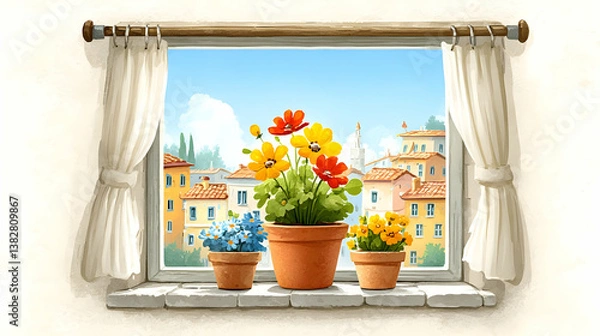 Fototapeta Charming Window View with Colorful Flowers and Scenic Background