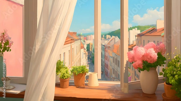 Fototapeta Charming Window View Illustration of a Cozy Street Scene