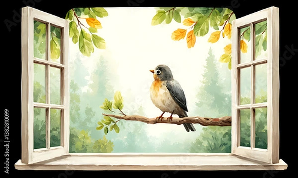 Fototapeta Serene View of a Bird Perched on a Branch from a Window Illustration