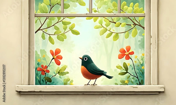 Fototapeta Serene Illustration of a Bird by a Window Surrounded by Flora and Light