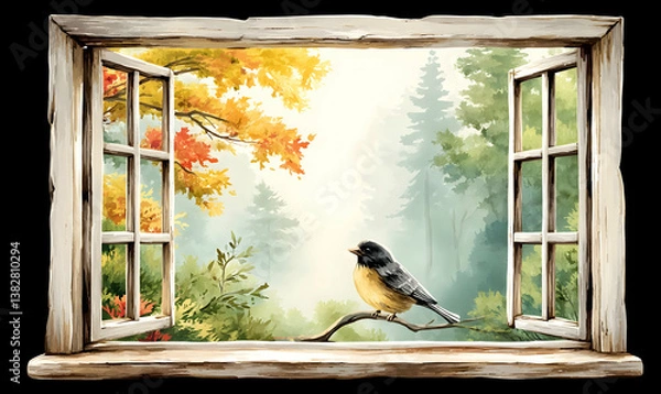 Fototapeta Serene Window View Illustrating Nature with Bird and Fall Leaves
