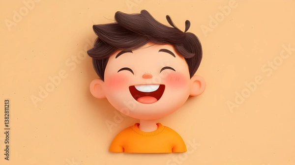 Fototapeta Happy Cartoon Boy Sticker with Round Head and Smiling Expression